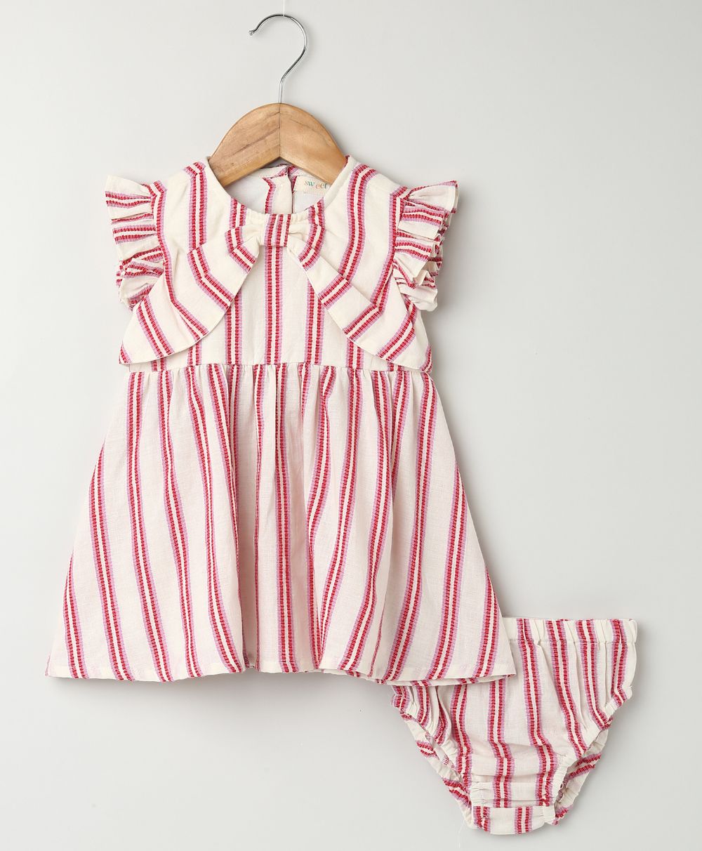 Pink Striped Organic Cotton Dobby Dress & Bloomer Co-ord Set - Off-White