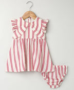 Pink Striped Organic Cotton Dobby Dress & Bloomer Co-ord Set - Off-White