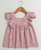 Leaf Embroidered Ruffle Organic Cotton Co-ord Set - Dusty Pink