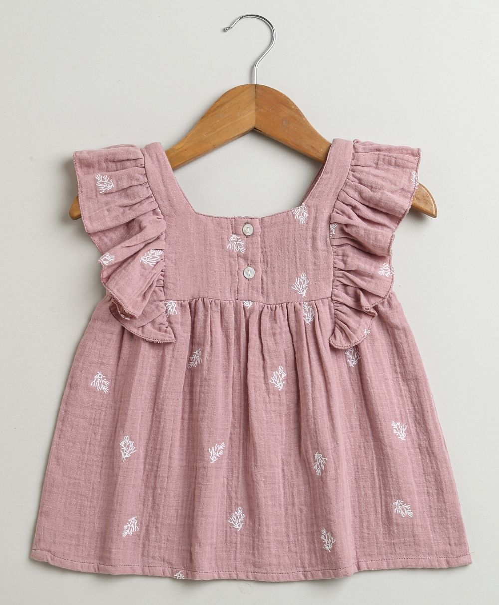 Leaf Embroidered Ruffle Organic Cotton Co-ord Set - Dusty Pink