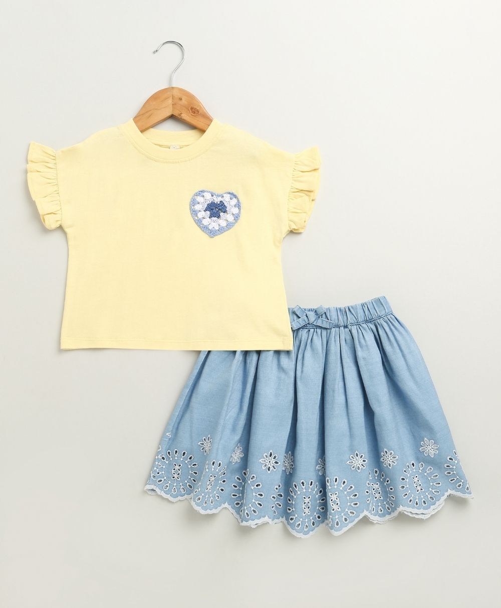 Honey Heart Ruffle Cotton T-shirt & Schiffly Embroidery Denim Skirt Set - Lemon Yellow & Blue
