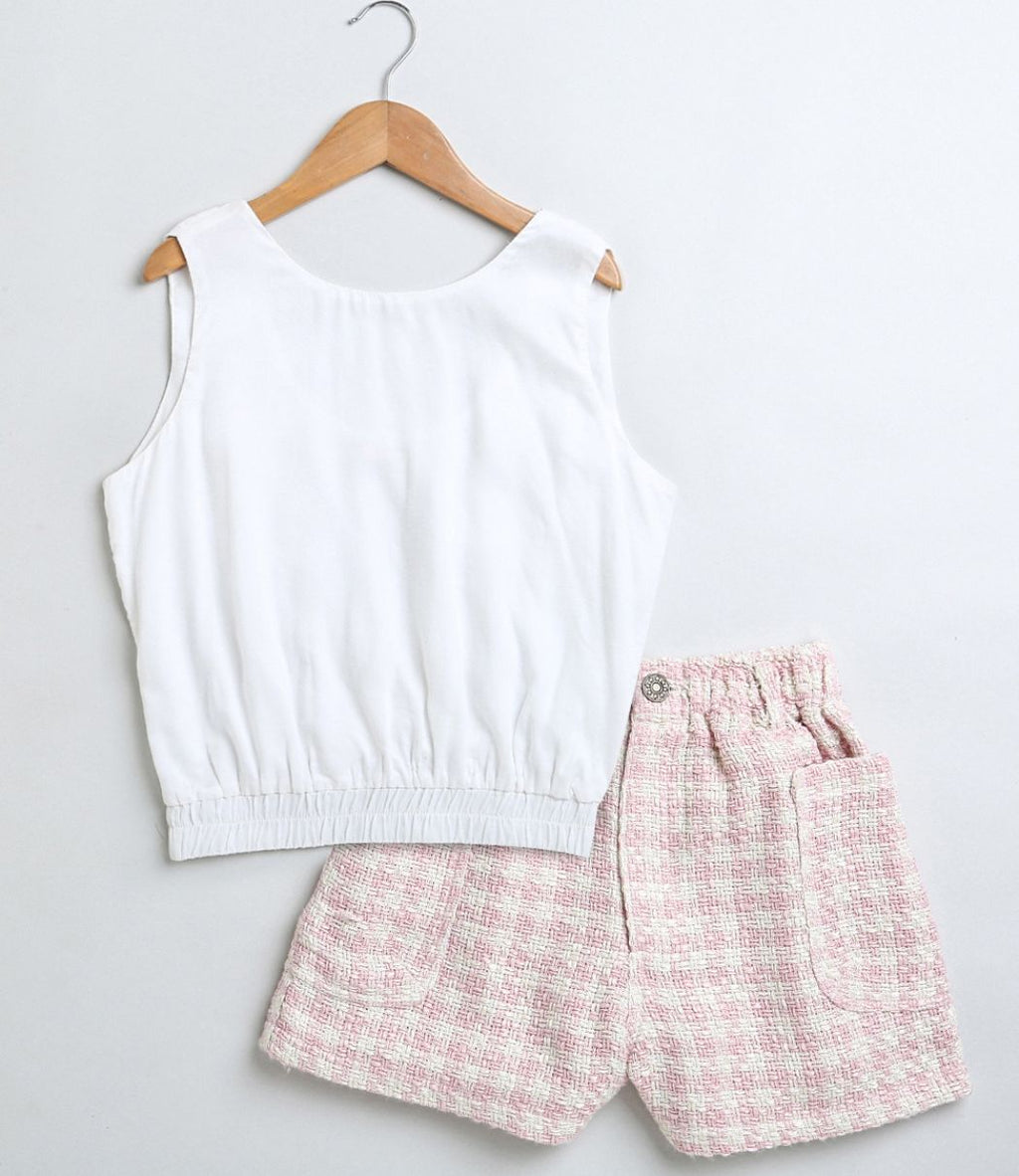 Stylish Solid Viscose Top & Cotton Tweed Jacquard Shorts Set - White & Pink