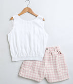 Stylish Solid Viscose Top & Cotton Tweed Jacquard Shorts Set - White & Pink