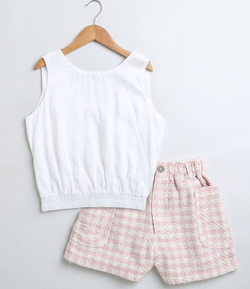 Stylish Solid Viscose Top & Cotton Tweed Jacquard Shorts Set - White & Pink
