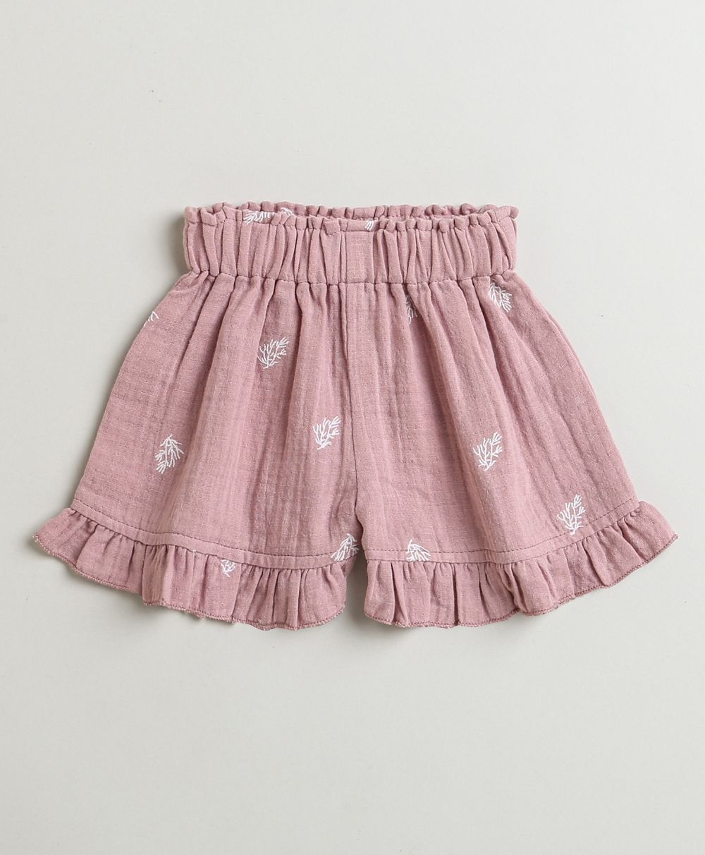Leaf Embroidered Ruffle Organic Cotton Co-ord Set - Dusty Pink