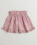 Leaf Embroidered Ruffle Organic Cotton Co-ord Set - Dusty Pink