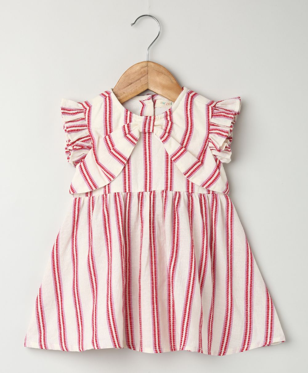 Pink Striped Organic Cotton Dobby Dress & Bloomer Co-ord Set - Off-White