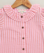 Baby Girls Candy Stripe Organic Cotton Co-ord Set with a Hat - Pink