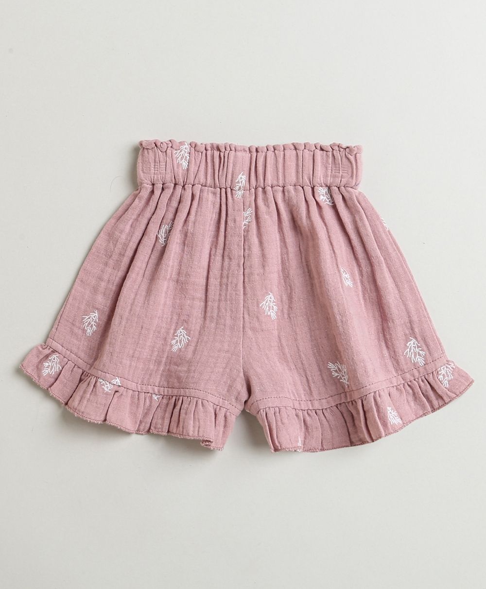 Leaf Embroidered Ruffle Organic Cotton Co-ord Set - Dusty Pink