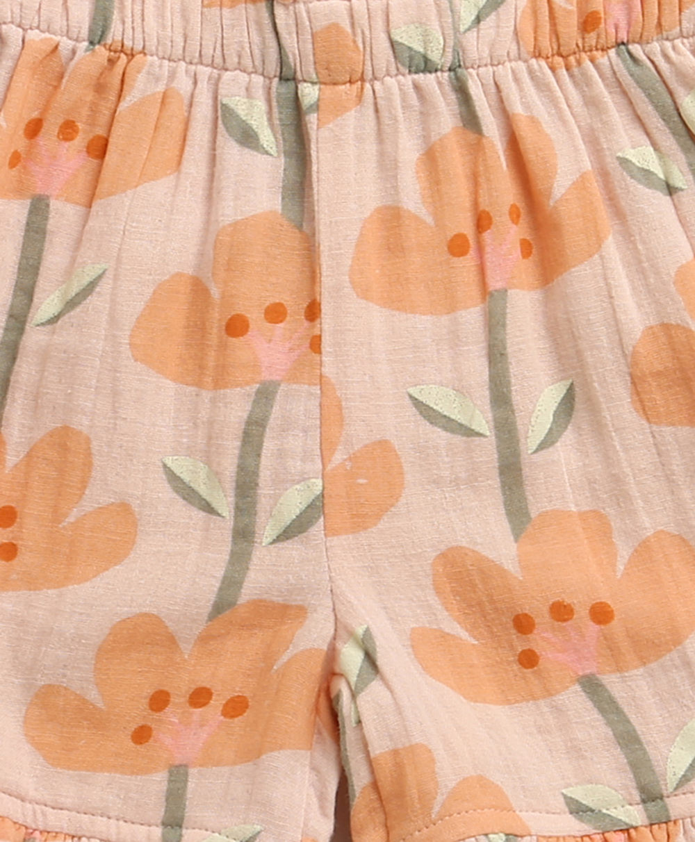 Peach Blossom Cotton Top & Shorts Co-ord Set - Peach & Orange