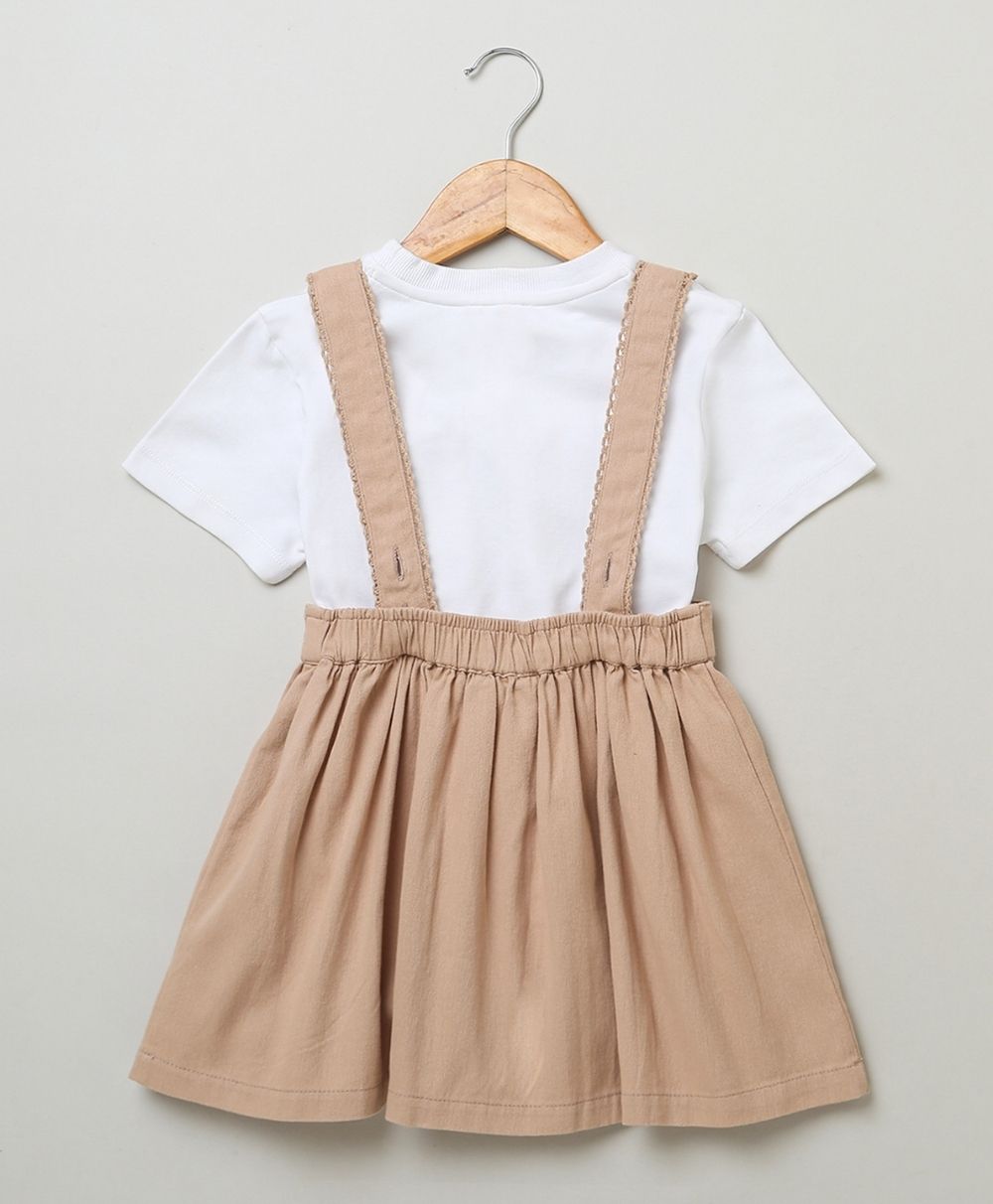 Cotton Twill Pinafore Dress with White Ducks Embroidery - Beige & White