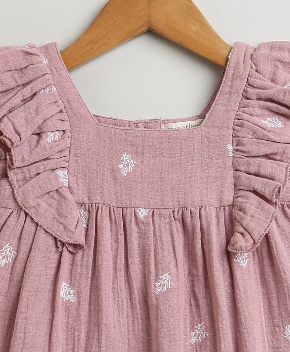 Leaf Embroidered Ruffle Organic Cotton Co-ord Set - Dusty Pink