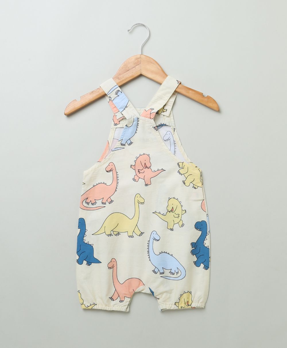 Unisex Multicolor Dinosaur Print Cotton Poplin Playsuit - Lemon Yellow