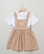Cotton Twill Pinafore Dress with White Ducks Embroidery - Beige & White