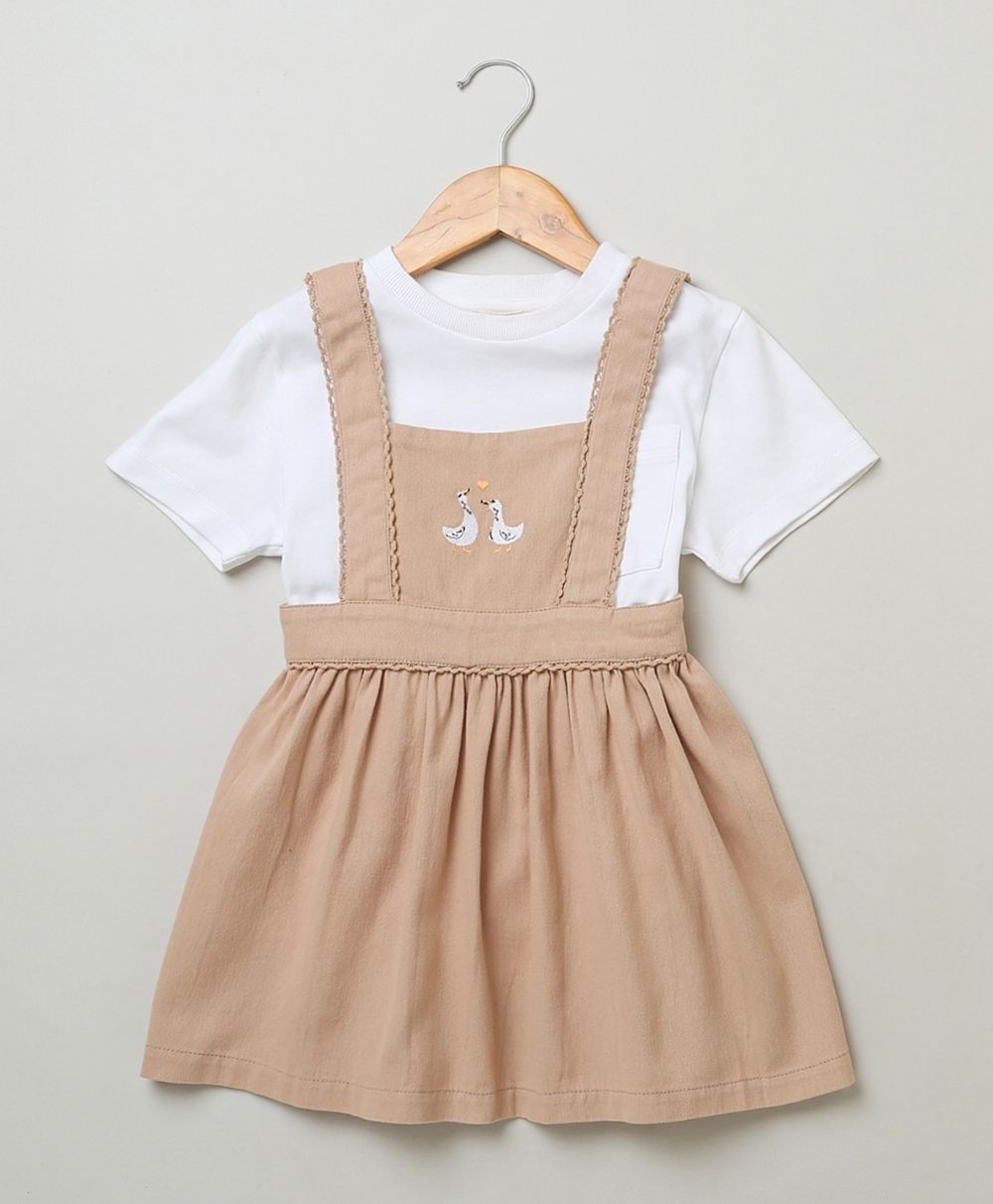 Cotton Twill Pinafore Dress with White Ducks Embroidery - Beige & White