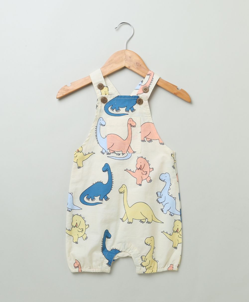 Unisex Multicolor Dinosaur Print Cotton Poplin Playsuit - Lemon Yellow