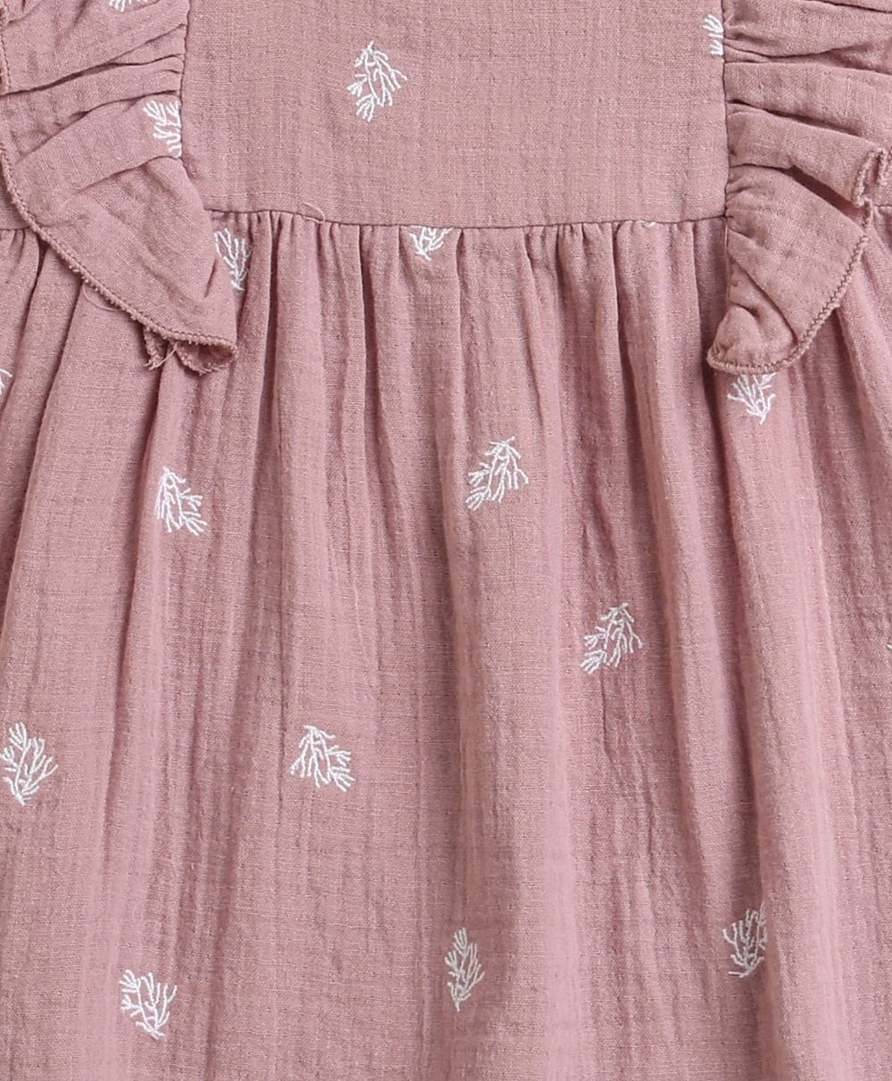 Leaf Embroidered Ruffle Organic Cotton Co-ord Set - Dusty Pink