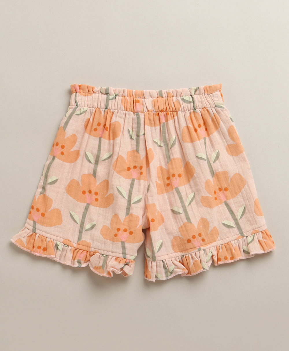 Peach Blossom Cotton Top & Shorts Co-ord Set - Peach & Orange