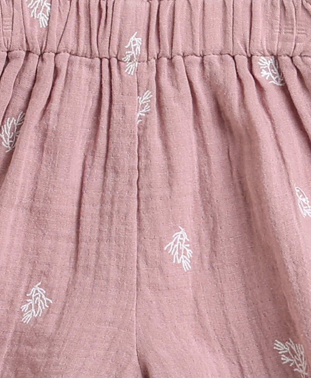 Leaf Embroidered Ruffle Organic Cotton Co-ord Set - Dusty Pink