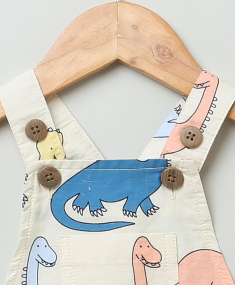 Unisex Multicolor Dinosaur Print Cotton Poplin Playsuit - Lemon Yellow