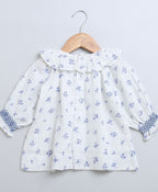Baby Girls Blue Floral Printed Cotton Dress with a Bloomer - White