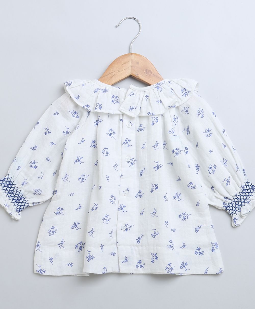 Baby Girls Blue Floral Printed Cotton Dress with a Bloomer - White