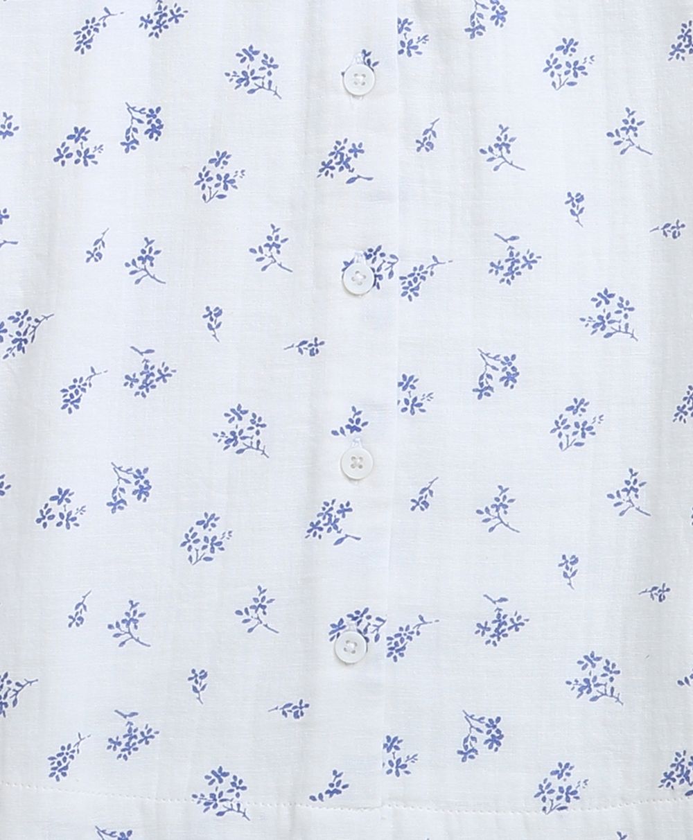 Long Sleeves Blue Floral Printed Cotton Top - White