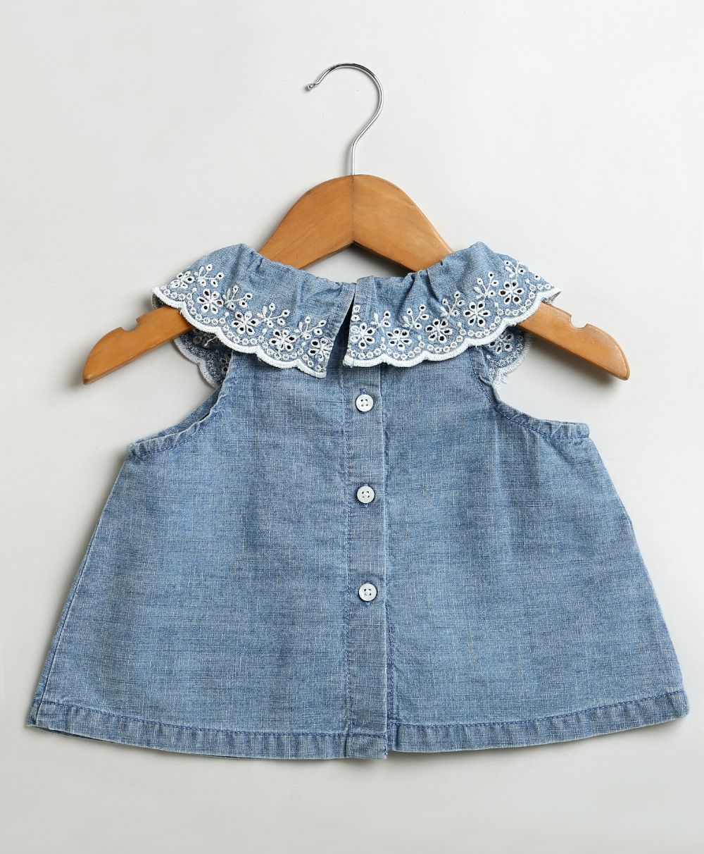 Cotton Denim Ruffle Dress & Bloomer Set - Blue