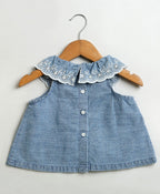 Cotton Denim Ruffle Dress & Bloomer Set - Blue