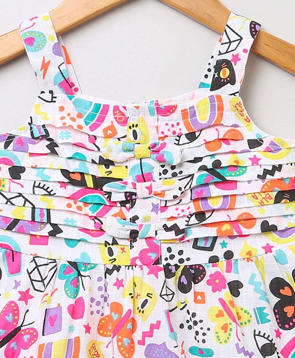 Cat & Butterfly Printed Colorful Dress - Multicoloured
