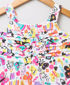 Cat & Butterfly Printed Colorful Dress - Multicoloured