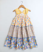 Floral Print Three Tiered Cotton Poplin Dress - Yellow & Blue