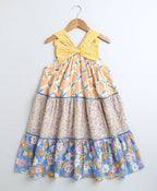 Floral Print Three Tiered Cotton Poplin Dress - Yellow & Blue
