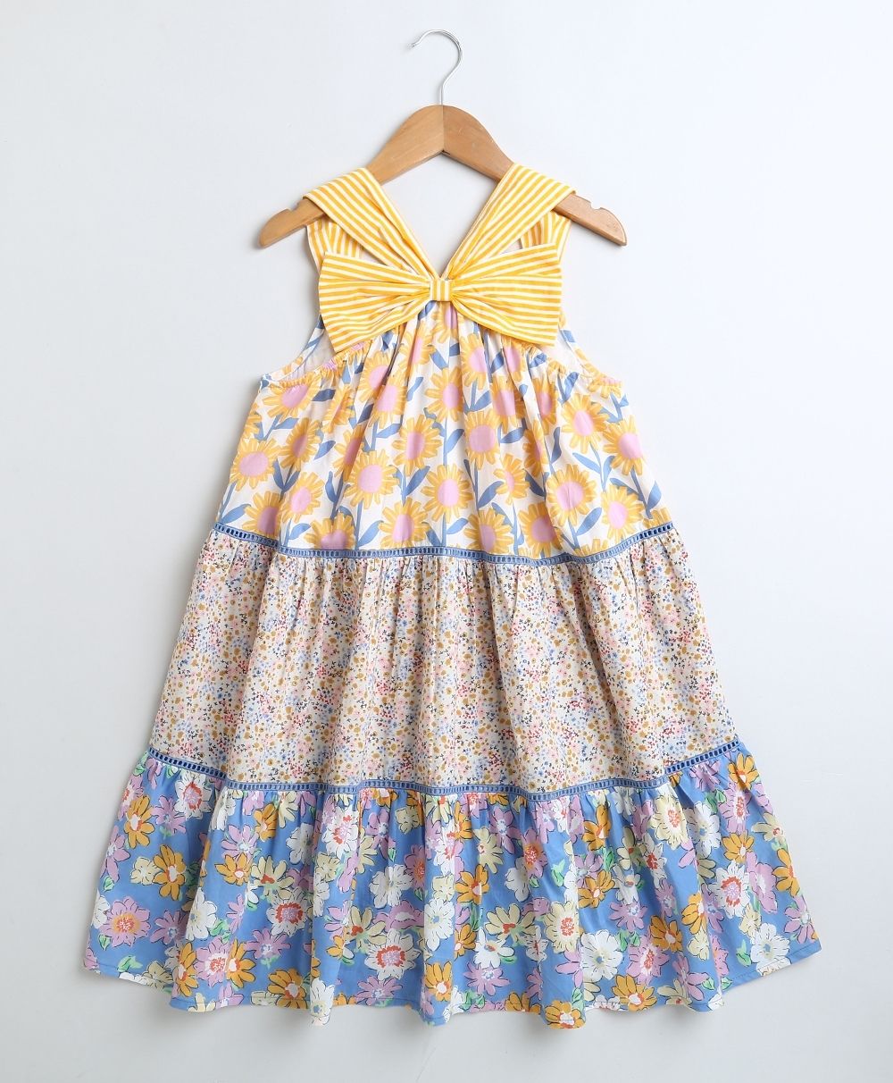 Floral Print Three Tiered Cotton Poplin Dress - Yellow & Blue