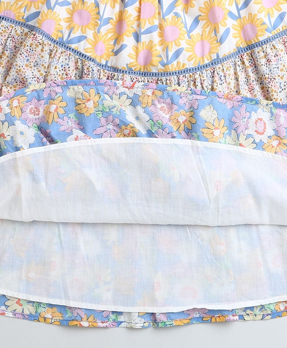 Floral Print Three Tiered Cotton Poplin Dress - Yellow & Blue