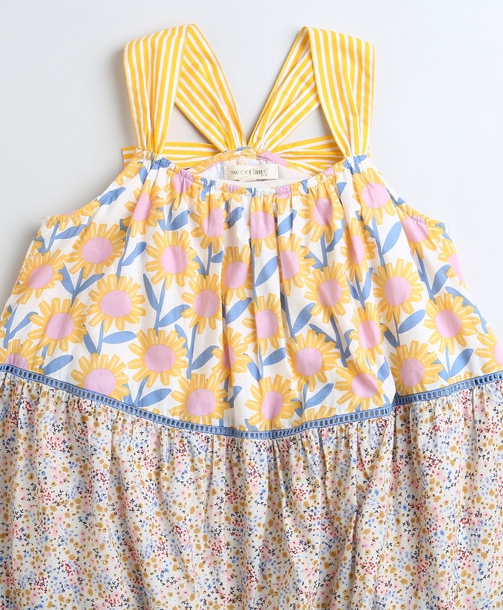 Floral Print Three Tiered Cotton Poplin Dress - Yellow & Blue