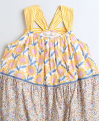Floral Print Three Tiered Cotton Poplin Dress - Yellow & Blue