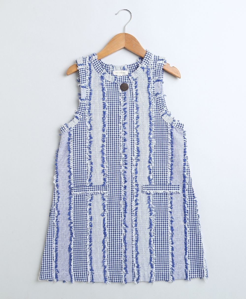 Jacquard Striped Checks Sleeveless Dress - Blue & White