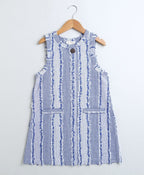 Jacquard Striped Checks Sleeveless Dress - Blue & White