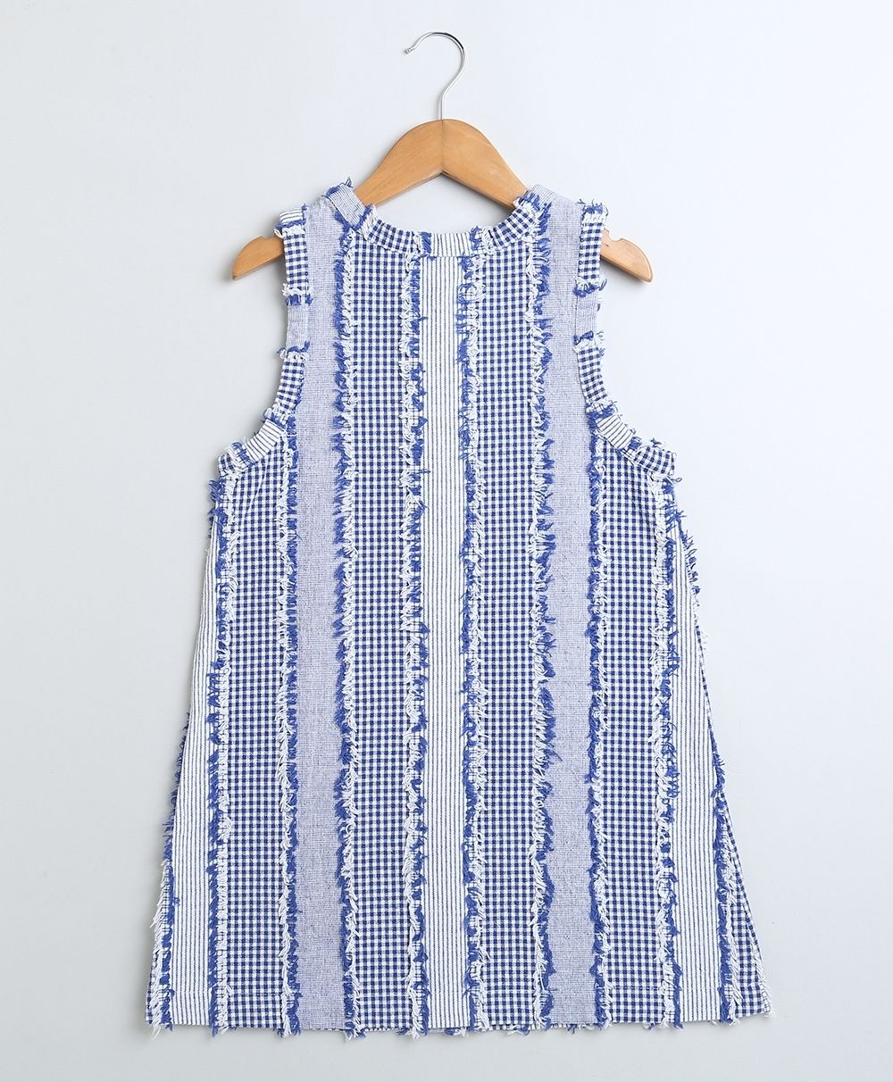 Jacquard Striped Checks Sleeveless Dress - Blue & White