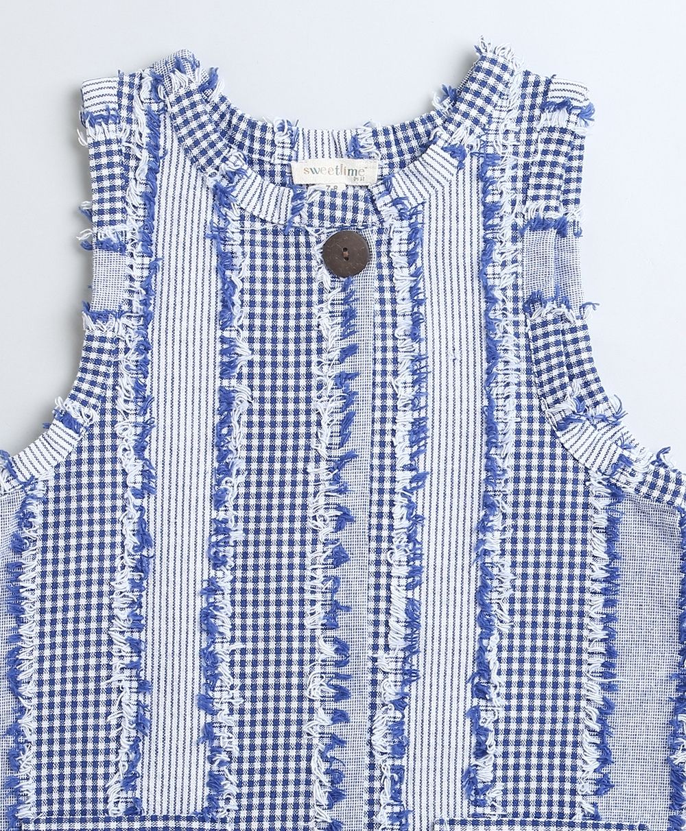 Jacquard Striped Checks Sleeveless Dress - Blue & White