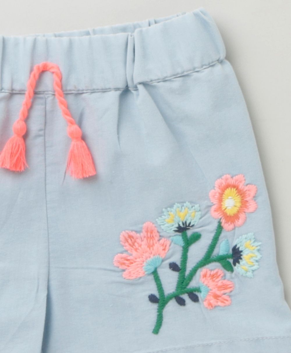 Sweetlime Cotton Denim Floral Embroidery Shorts - Blue