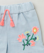 Sweetlime Cotton Denim Floral Embroidery Shorts - Blue