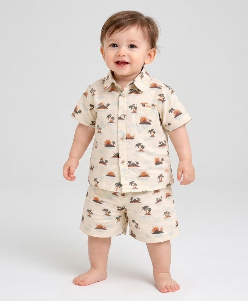 Sunset Print Cotton Linen Co-ord Set - Beige