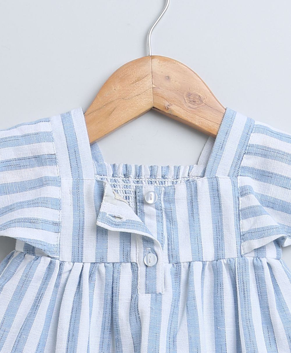 Striped Bell Sleeves Cotton Slub Dress - Blue & White