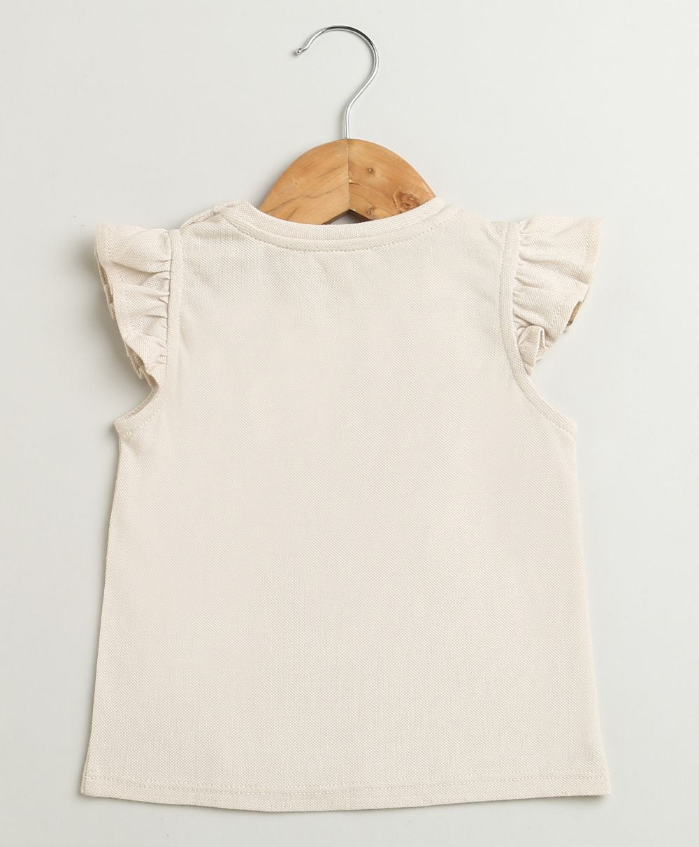 Blossom Basket Ruffle Top & Bow-Tie Cotton Twill Shorts Co-ord Set - Beige & White
