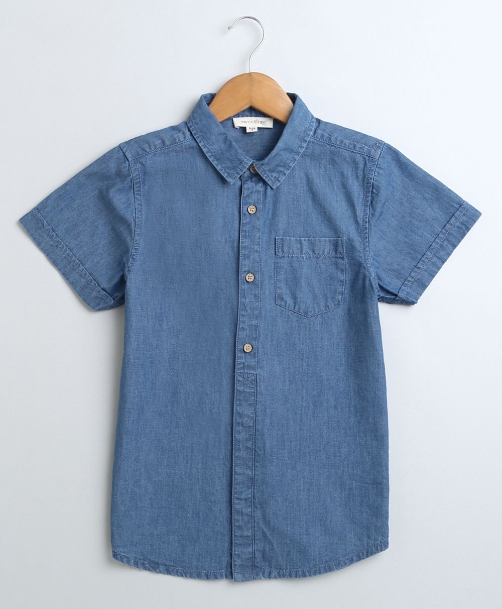 Men Short Sleeves Cotton Denim Shirt - Blue