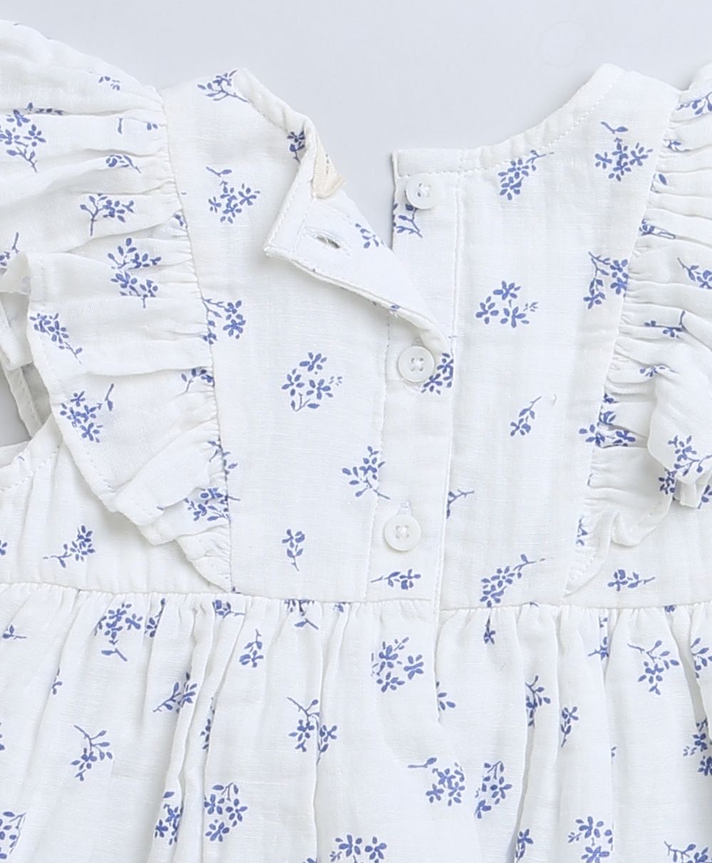 Blue Floral Print Flared Cotton Dress - White