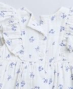 Blue Floral Print Flared Cotton Dress - White