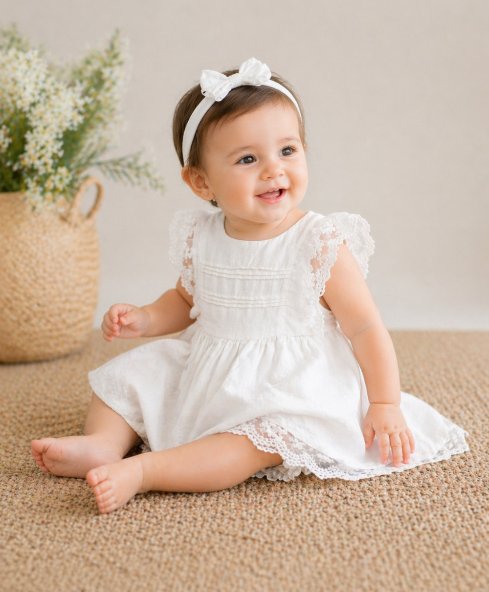 Ivory Blossom Lace Linen Dress & Bloomer - White